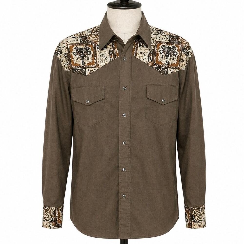 Vintage 1970s Size L Western Snap Shirt Brown Print Yoke Handmade Rockabilly